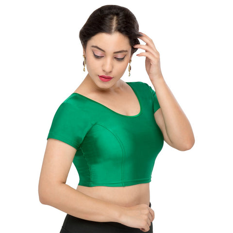 Image Title Designer Green Non-Padded Stretchable Short Sleeves Saree Blouse Crop Top (A-10-Green)