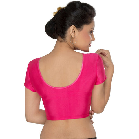 Image Title Designer Pink Non-Padded Stretchable Short Sleeves Saree Blouse Crop Top (A-10-Pink)