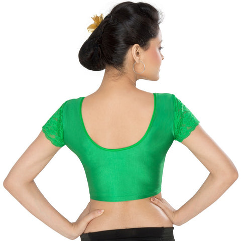 Image Title Designer Indian Green Lycra Non-Padded Stretchable Half Sleeves Saree Blouse Crop Top (A-11)