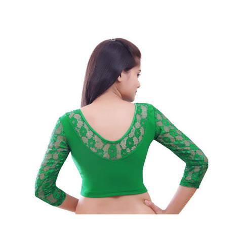 Image Title Designer Green Non-Padded Lycra Stretchable Elbow Sleeves Saree Blouse Crop Top (A-12-Green)