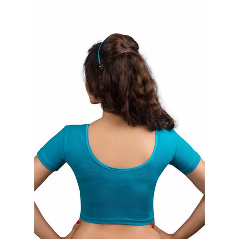 Image Title Designer Firozi Non-Padded Cotton Lycra Stretchable Short Sleeves Saree Blouse Crop Top (A-14-Firozi)