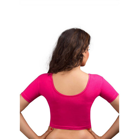 Image Title Designer Pink Non-Padded Cotton Lycra Stretchable Short Sleeves Saree Blouse Crop Top (A-14-Pink)