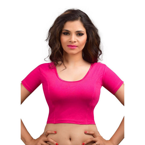 Image Title Designer Pink Non-Padded Cotton Lycra Stretchable Short Sleeves Saree Blouse Crop Top (A-14-Pink)