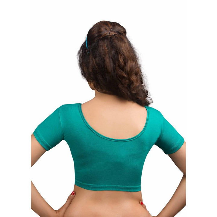 Designer Rama-Green Non-Padded Cotton Lycra Stretchable Short Sleeves Saree Blouse Crop Top (A-14-Rama-Green)