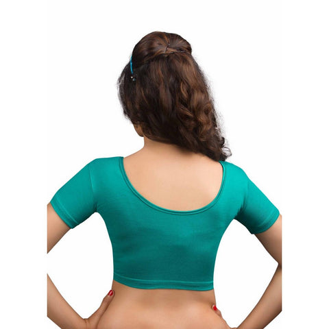Image Title Designer Rama-Green Non-Padded Cotton Lycra Stretchable Short Sleeves Saree Blouse Crop Top (A-14-Rama-Green)