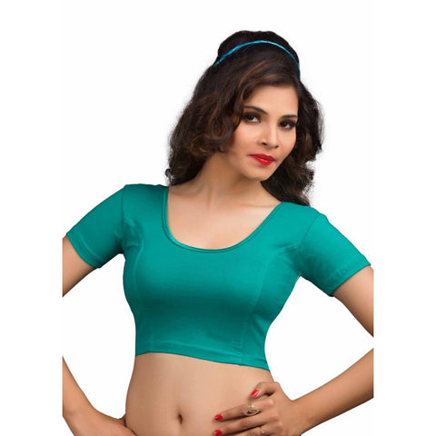 Image Title Designer Rama-Green Non-Padded Cotton Lycra Stretchable Short Sleeves Saree Blouse Crop Top (A-14-Rama-Green)
