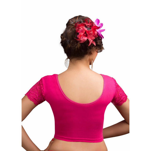 Image Title Designer Pink Non-Padded Cotton Lycra Stretchable Netted Short Sleeves Saree Blouse Crop Top (A-15-Pink)
