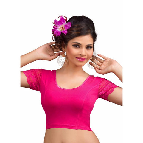 Image Title Designer Pink Non-Padded Cotton Lycra Stretchable Netted Short Sleeves Saree Blouse Crop Top (A-15-Pink)