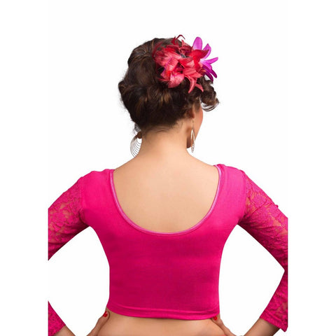 Image Title Designer Pink Non-Padded Cotton Lycra Stretchable Netted Long Sleeves Saree Blouse Crop Top (A-16-Pink)