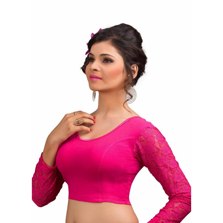 Designer Pink Non-Padded Cotton Lycra Stretchable Netted Long Sleeves Saree Blouse Crop Top (A-16-Pink)