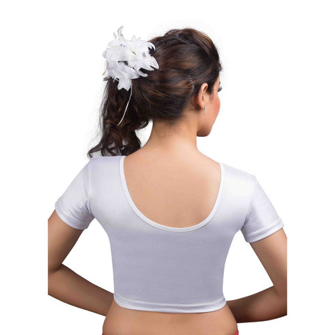 Image Title Designer Silver Shimmer Non-Padded Stretchable Short Sleeves Saree Blouse Crop Top (A-17-Silver)