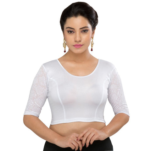 Image Title Designer Silver Shimmer Non-Padded Stretchable Netted Short Sleeves Saree Blouse Crop Top (A-25-Silver)