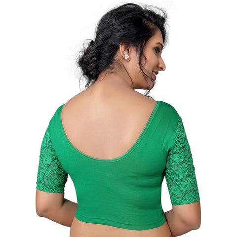 Image Title Designer Green Lycra Non-Padded Stretchable With Elbow Length Net Sleeves Saree Blouse Crop Top (A-26-Green)