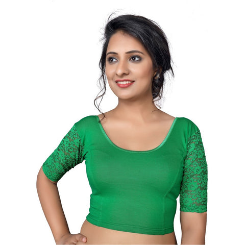 Image Title Designer Green Lycra Non-Padded Stretchable With Elbow Length Net Sleeves Saree Blouse Crop Top (A-26-Green)