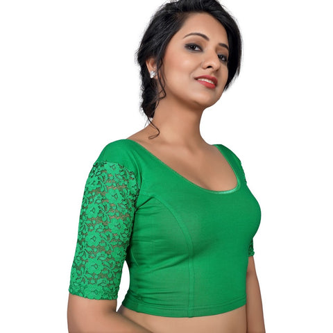 Image Title Designer Green Lycra Non-Padded Stretchable With Elbow Length Net Sleeves Saree Blouse Crop Top (A-26-Green)