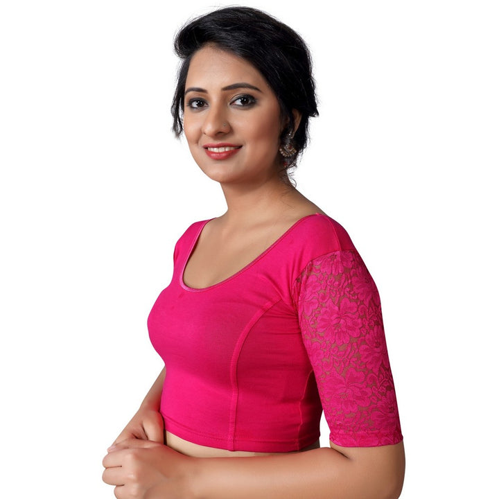 Designer Pink Non-Padded Stretchable With Elbow Length Net Sleeves Saree Blouse Crop Top (A-26-Pink)