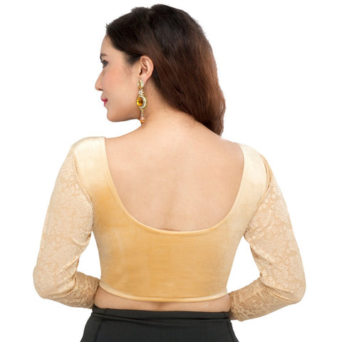 Image Title Designer Velvet Gold Non-Padded Stretchable Round Neck Netted Full Sleeves Saree Blouse Crop Top (A-46-Gold)