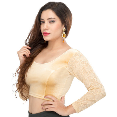 Image Title Designer Velvet Gold Non-Padded Stretchable Round Neck Netted Full Sleeves Saree Blouse Crop Top (A-46-Gold)