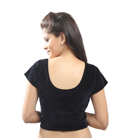 Image Title Designer Black Velvet Non-Padded Stretchable Short Sleeves Saree Blouse Crop Top (A-9-Black)