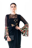 Black Embroidered Bell Sleeves Draped Dress