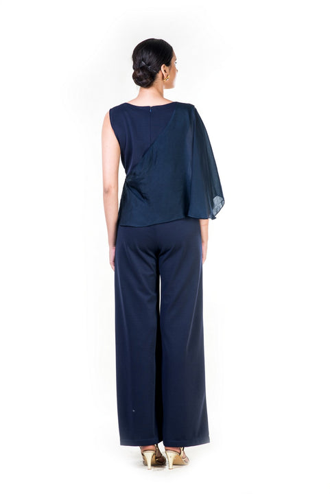Blue Embroidered Cape Palazzo Jumpsuit