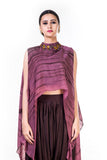 Marble Dyed High Low Cape Style Crop Top With Neck Embroidery & Coffee Brown Harrem Pant