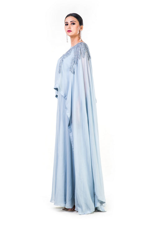 Hand Embroidered Ice Grey Long Cape Style Gown