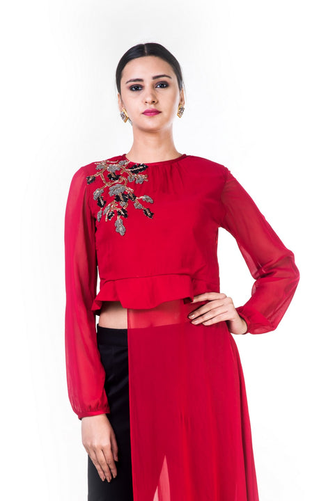 Embroidered Red Asymmetrical Long Top With Straight Fit Pants