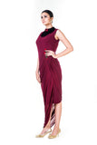 Embroidered Maroon Fringe Neck Drape Gown