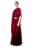 Image Title Maroon Draped Gown With A Hand Embroidered Cape Dupatta