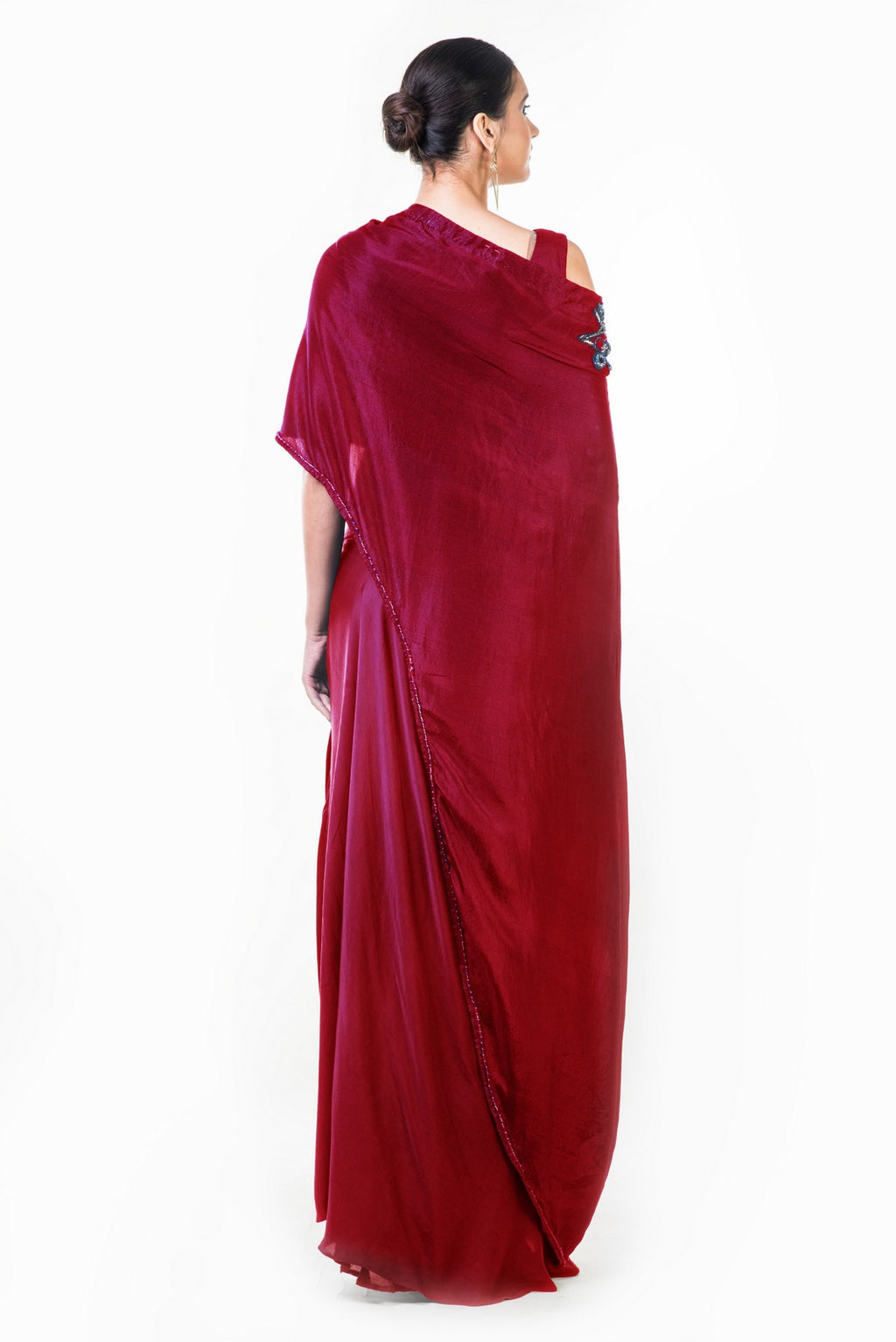 Image Title Maroon Draped Gown With A Hand Embroidered Cape Dupatta