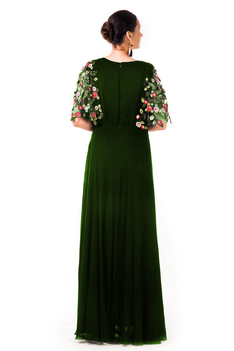 Bottle Green Hand Embroidered Cape Style Gown
