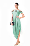 Mint Green Hand Embroidered Cold Shoulder Draped Gown