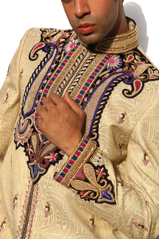 Image Title Maharaja Design Indian Wedding Gold Cream Sherwani For Men