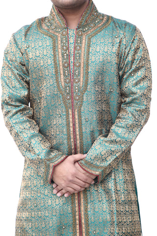Image Title Turqoise Blue Silk Brocade Semi Sherwani for Men