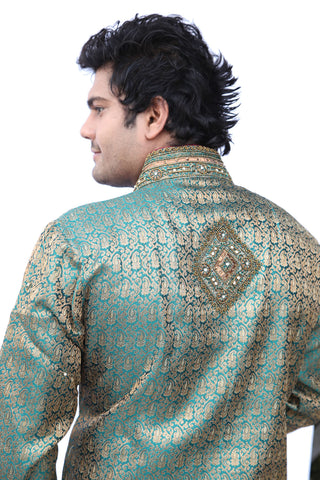 Image Title Turqoise Blue Silk Brocade Semi Sherwani for Men