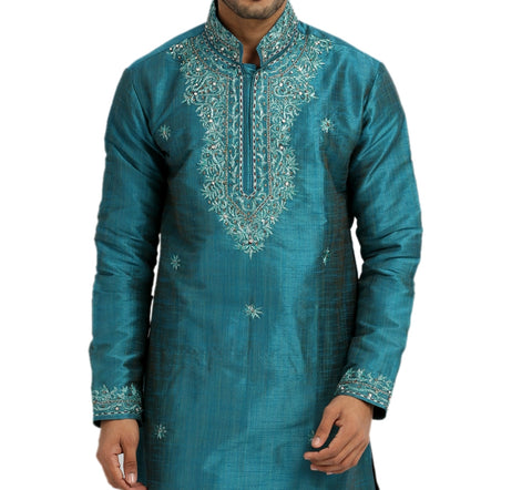 Image Title Light Blue Kurta Pajama Sherwani - Indian Ethnic Wear for Men