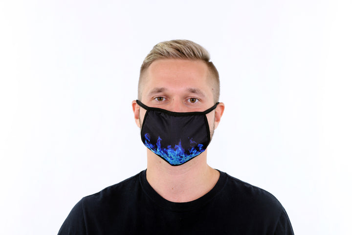 3 Pk Printed Blue Fire Multi Color Reusable Face Mask Unisex Breathable Washable 2 Layer Ice Silk & Cotton Fabric