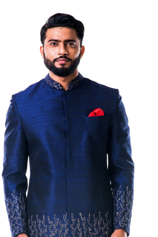 Image Title Midnight Blue Hand Embroidered Thread Work Sherwani Set
