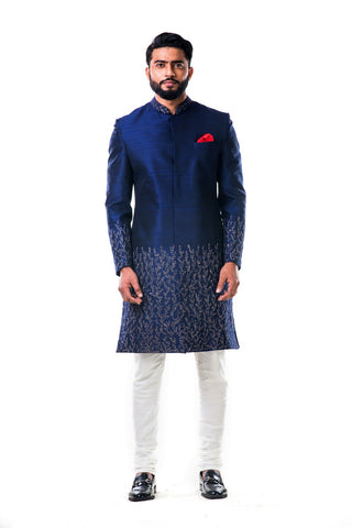 Image Title Midnight Blue Hand Embroidered Thread Work Sherwani Set