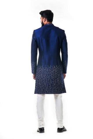 Image Title Midnight Blue Hand Embroidered Thread Work Sherwani Set