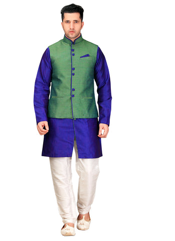 Image Title Blue Fabric Silk Indian Wedding Indo-Western Sherwani For Men