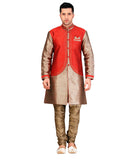 Red Dupioni Raw Silk Indian Wedding Indo-Western Sherwani For Men