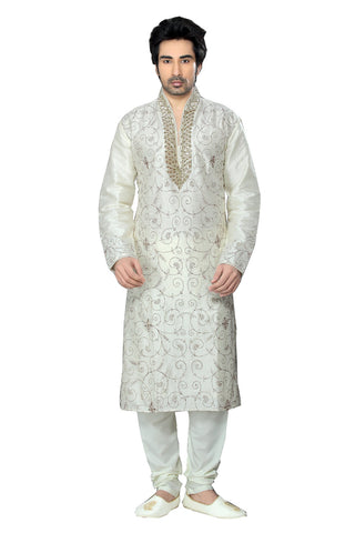 Image Title Saris and Things White Dupioni Raw Silk Readymade Ethnic Indian Kurta Pajama for Men