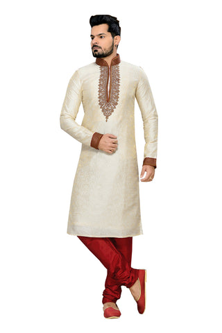 Image Title Saris and Things Cream Jacquard & Art Silk Readymade Ethnic Indian Kurta Pajama for Men