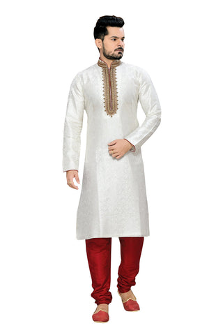 Image Title Saris and Things White Silk Readymade Ethnic Indian Kurta Pajama for Men