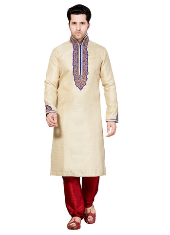 Image Title Saris and Things Cream Jacquard Readymade Ethnic Indian Kurta Pajama for Men