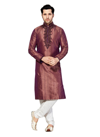 Image Title Saris and Things Brown Dupioni Raw Silk Readymade Ethnic Indian Kurta Pajama for Men