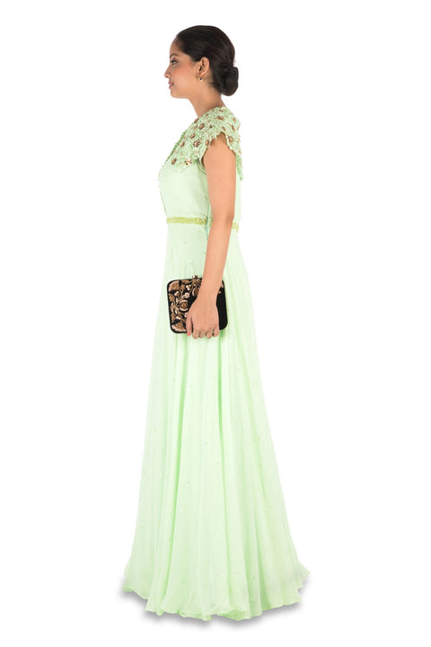 Hand Embroidered Mint Green Gown
