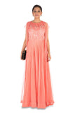 Hand Embroidered Coral Mirco Pleated Flare Gown With Jacket